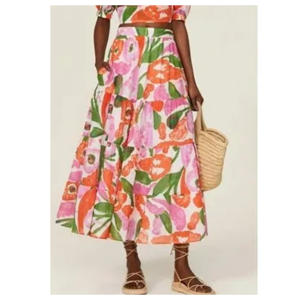 Banjanan Size Medium Agatha Midi A Line Skirt Pastel Orange Pink Cotton Floral - Picture 1 of 10